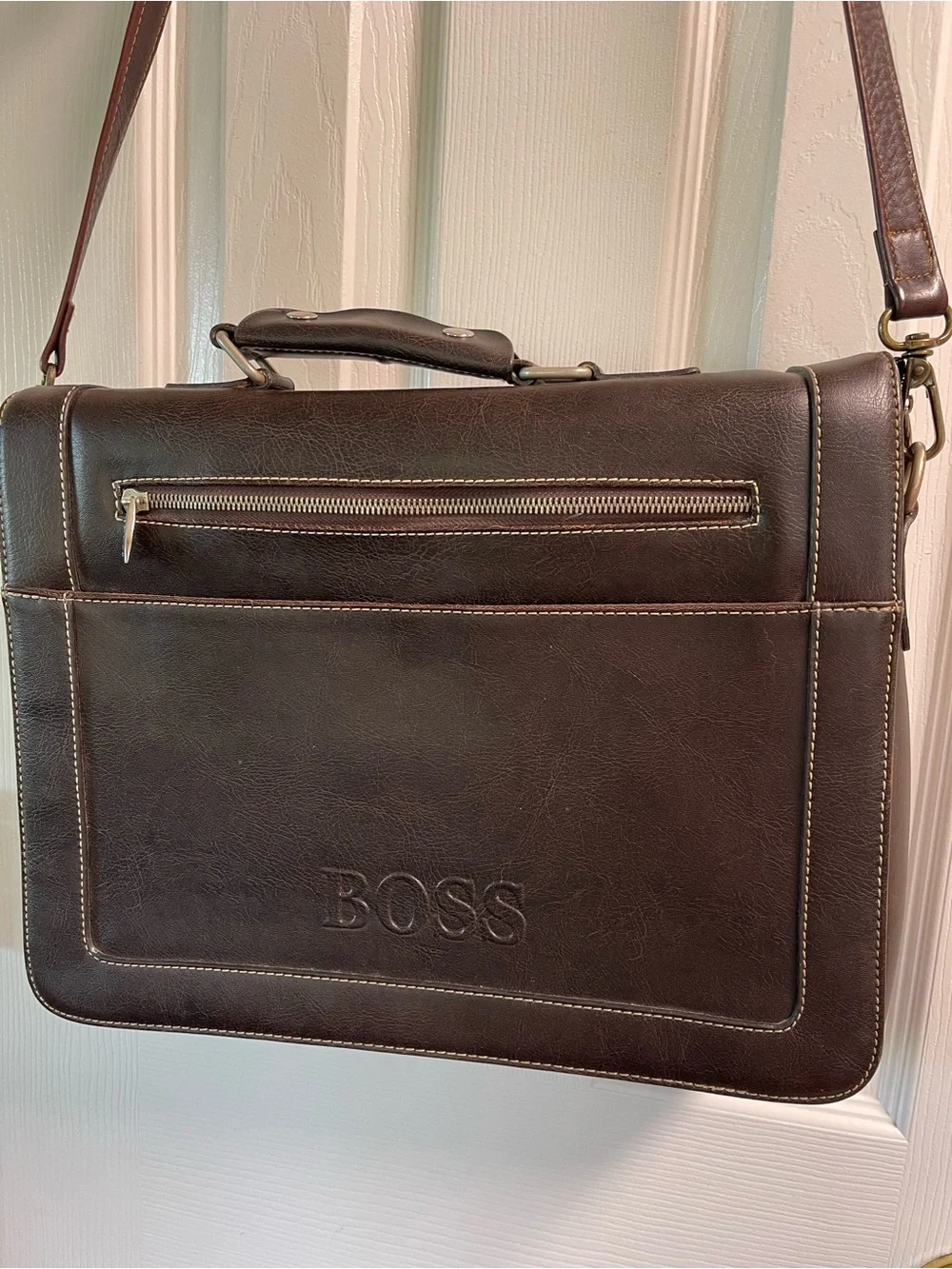 BOSS Brown Leather Briefcase with Shoulder Strap